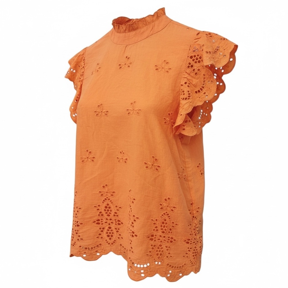 THML Eyelet Embroidered High Neck Flutter Sleeve Cotton Top Women's size S